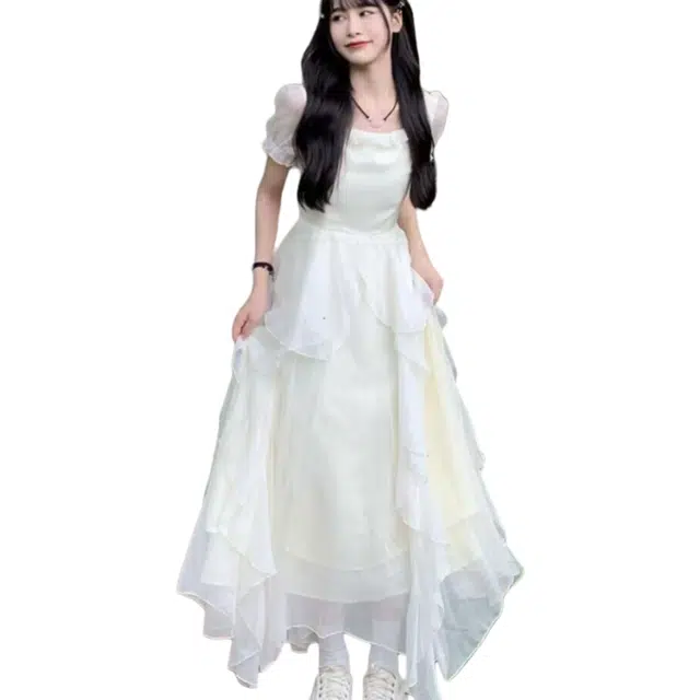 兰缪 法式高级感公主裙温柔风长裙子小众设计感收腰短袖连衣裙 女款