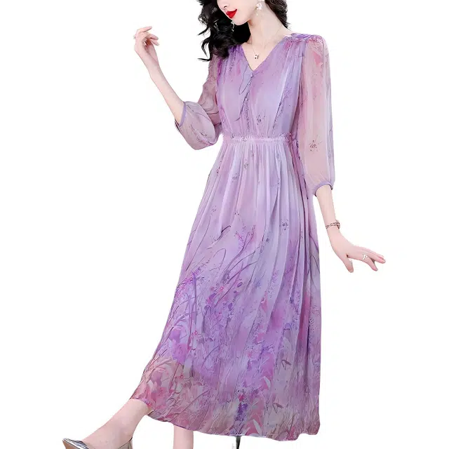 水中花 时尚温柔风高端奢华时尚洋气遮肉显瘦碎花裙长袖连衣裙 女款