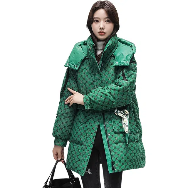 鸭鸭 格子印花宽松连帽中长款羽绒服 女款