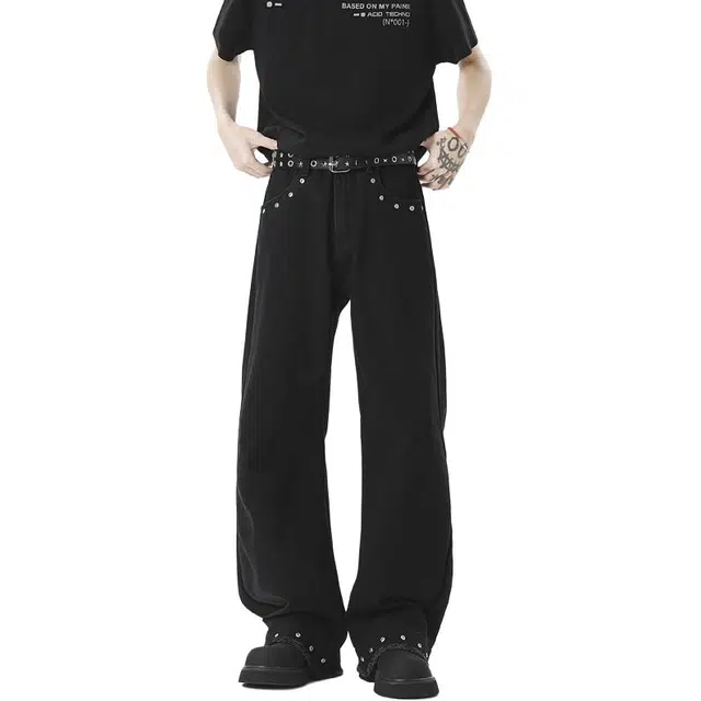 沃马 美式高街宽松直筒牛仔裤 男女同款 黑色