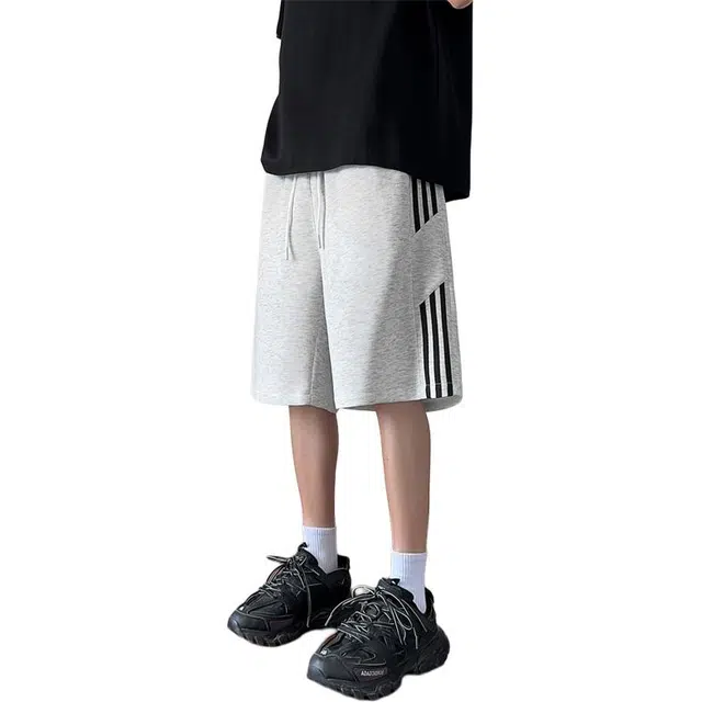 顶峰保罗 条纹冰丝宽松休闲百搭五分裤无性别主义潮牌凉感薄款透气运动健身直筒休闲短裤 男女同款