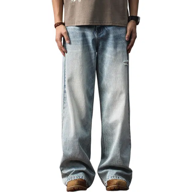 格蓝鹿 直筒高街舒适时尚百搭运动阔腿拖地美式复古水洗做旧日常宽松破洞长裤牛仔裤 男女同款