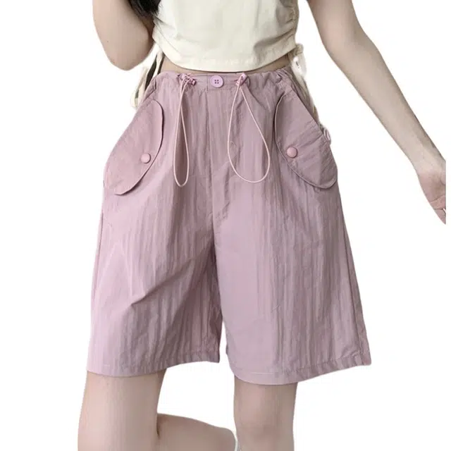 兰缪 薄款高腰休闲阔腿运动美式五分裤工装短裤 女款