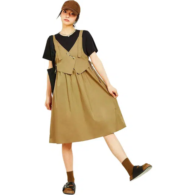 木果果木 法式复古风撞色拼接宽松拼色常规袖圆领通勤短袖连衣裙 女款