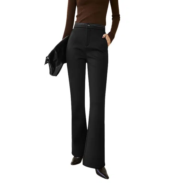 晚白 高腰版型喇叭裤口加绒内里休闲裤 女款 黑色