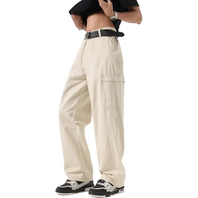 帝狼牛 美式高街潮宽松百搭复古简约纯色拼接多口袋休闲拉链通勤舒适中腰工装裤 男女同款