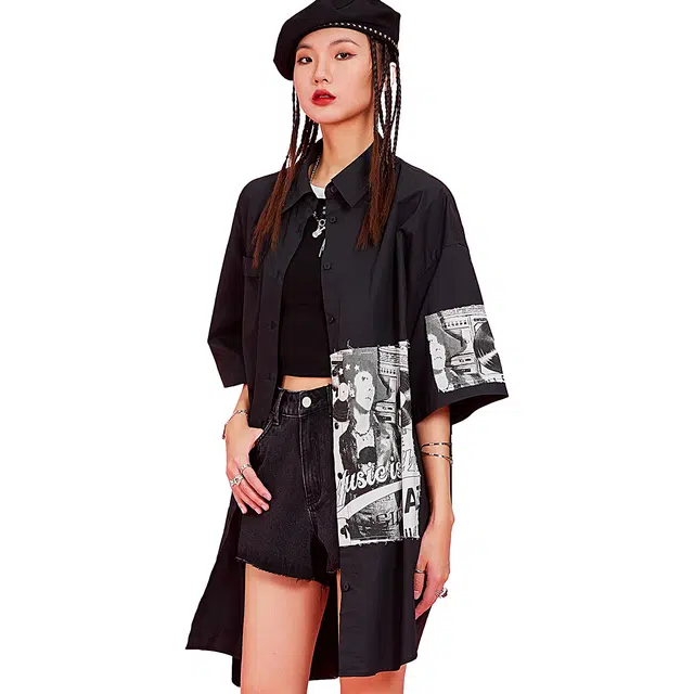 木果果木 复古港风宽松中长款印花短袖衬衫 女款