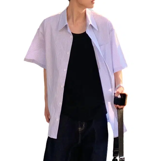 冈哉 冰丝凉感设计感条纹翻领衬衣时尚潮流无性别主义休闲宽松垂感薄款短袖衬衫 男女同款
