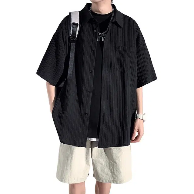 加荣 短袖透气休闲速干薄款潮牌痞帅七分巴洛克服外套衬衫 男女同款