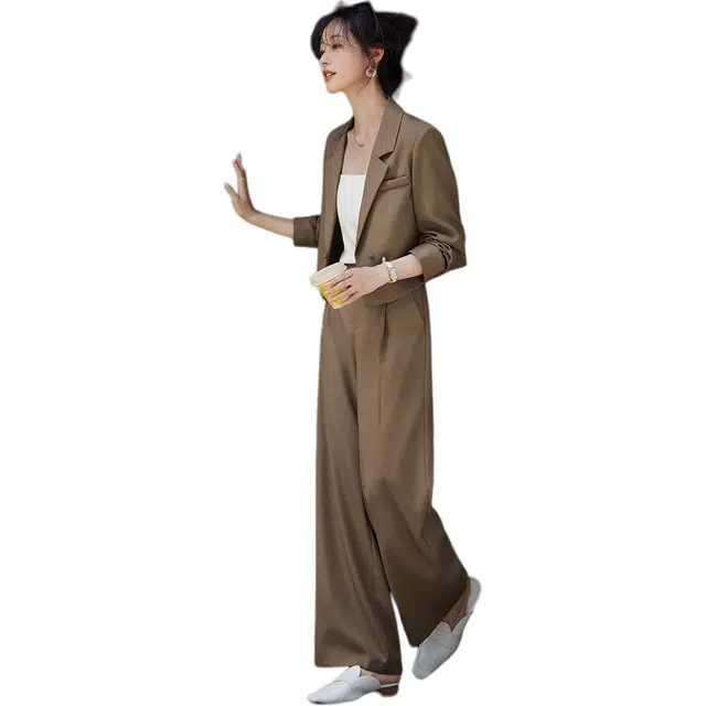 沫晗依美 短款纯色长袖外套高腰通勤长裤西装套装 女款 卡其色