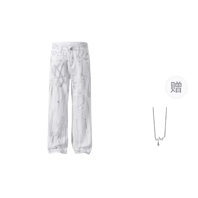 识恩 美式小众扎染水洗做脏女宽松直筒垂感裤牛仔裤 女款