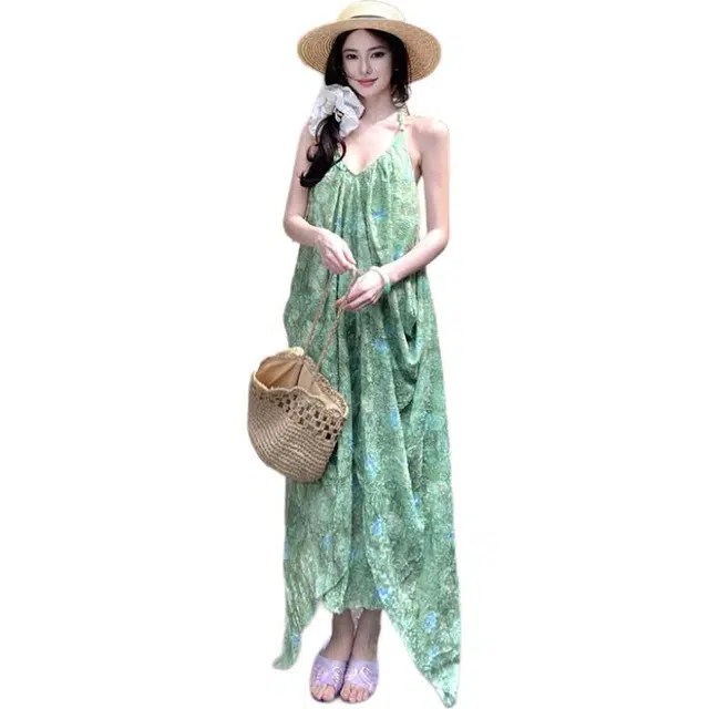 黛尔佳人 翩翩蝴蝶度假风吊带印花夏季气质长裙无袖连衣裙 女款