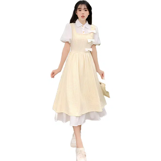 沐晓欣 少女夏装初中高中学生甜美新中式长裙子短袖连衣裙 女款 黄色