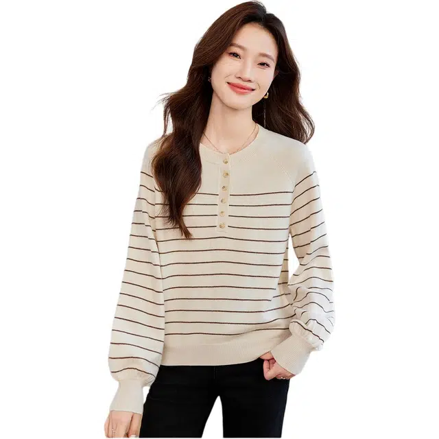曲韩 条纹圆领套头长袖毛衣 女款 米杏