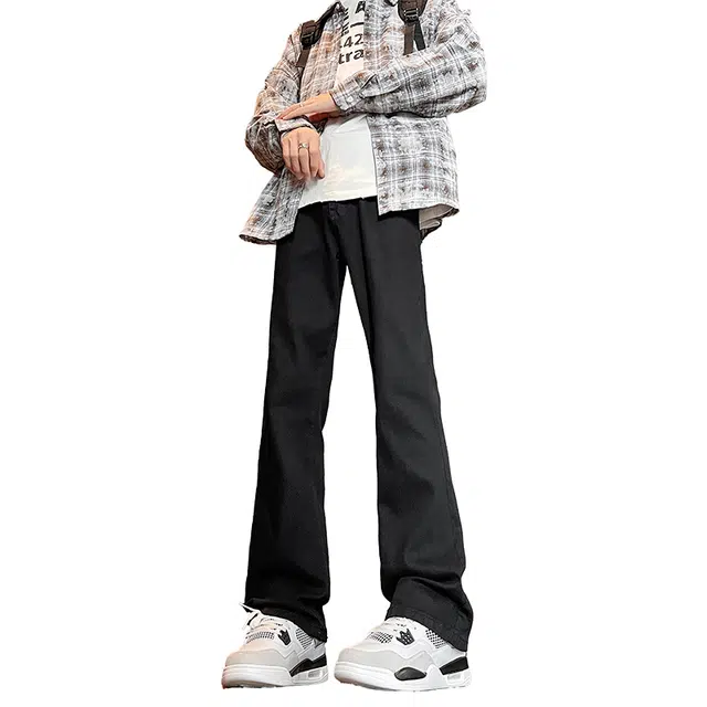 八哥 高街水洗做旧基础款弯刀裤美式复古弹力垂感百搭时尚高级感运动舒适柔软不硬个性简约牛仔裤 男女同款