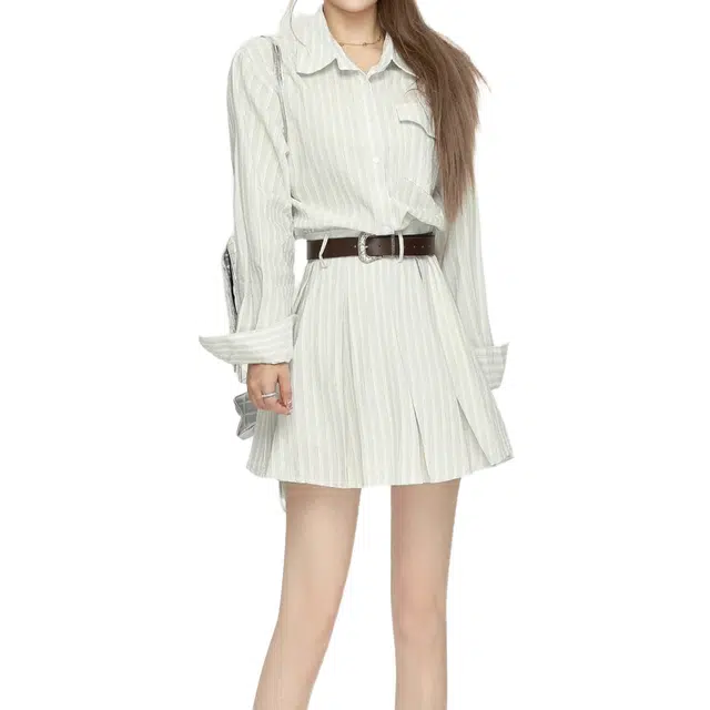 小卷要加油 学院风韩系复古设计感条纹长袖连衣裙 女款