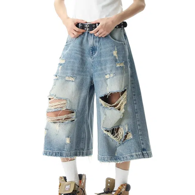 沐诚阳译 美式破洞夏季高街痞帅七分裤子户外宽松阔腿中裤牛仔短裤 男女同款