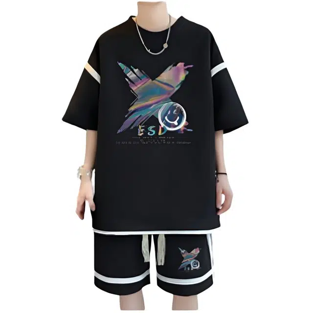 木木兔  美式五分袖上衣短袖穿搭一套潮流帅气短裤夏季青年休闲运动套装 男女同款