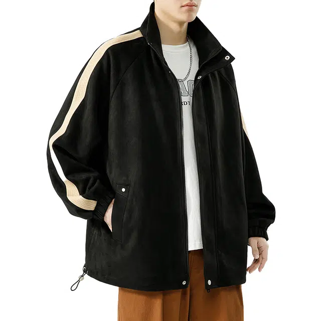 玉儿恋 美式纯色条纹简约基础麂皮绒宽松休闲翻领夹克外套 男女同款