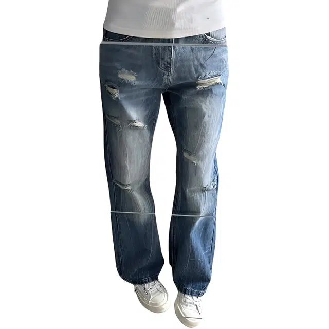 单爵 水洗做旧破洞美式高街直筒牛仔裤 男女同款 蓝色