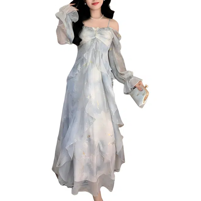 木清清 时尚晕染蝴蝶海边度假沙滩长袖连衣裙 女款