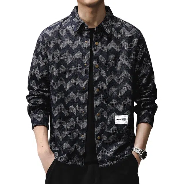 贵色 户外出行游玩复古美式重磅色织提花牛仔帅气个性长袖衬衫 男女同款