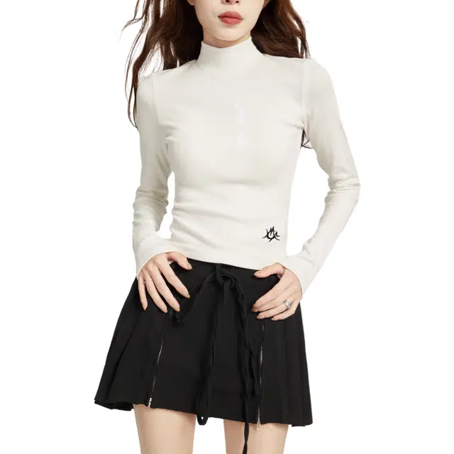 柏黛妃 纯色半高领修身打底长袖针织衫 女款 白色