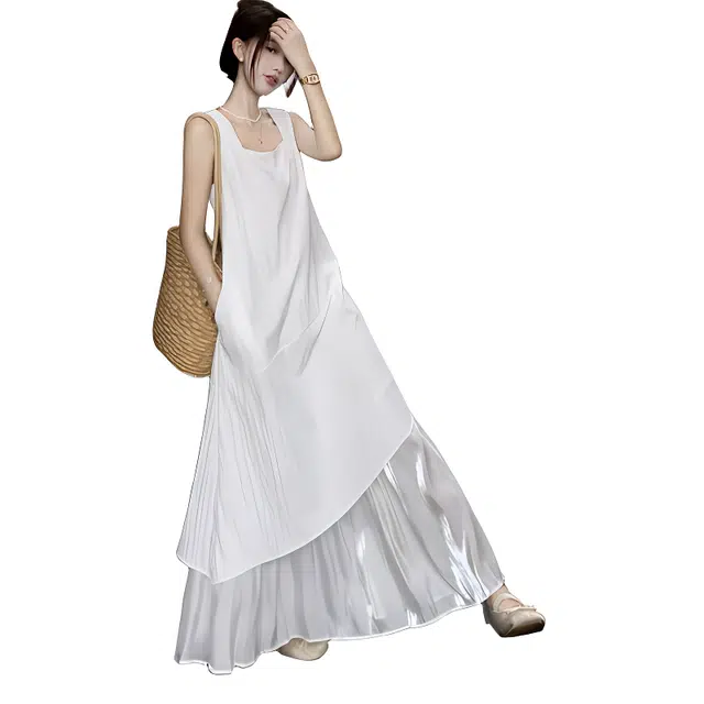 木清清 不规则拼接夏季背心法式宽松显瘦裙子长裙吊带连衣裙 女款