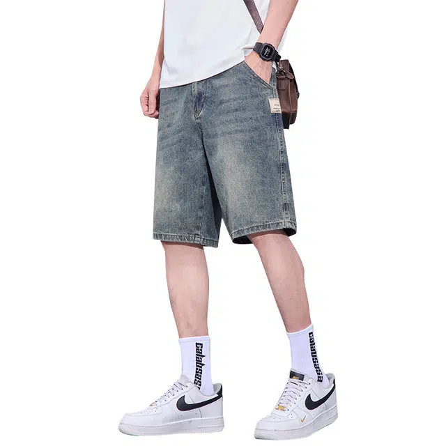 协协乐 薄款美式复古潮牌痞帅休闲五分中裤牛仔短裤 男款