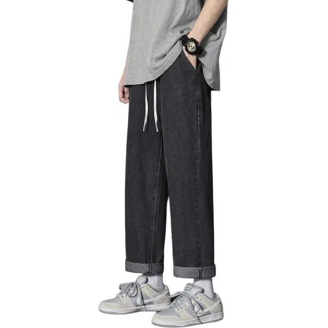 顶峰保罗 薄款透气纯色抽绳复古百搭直筒九分裤情侣款宽松休闲美式水洗简约显瘦阔腿牛仔裤 男女同款