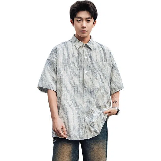 隐狼世家 高级扎染潮牌宽松夏季短袖衬衫 男款