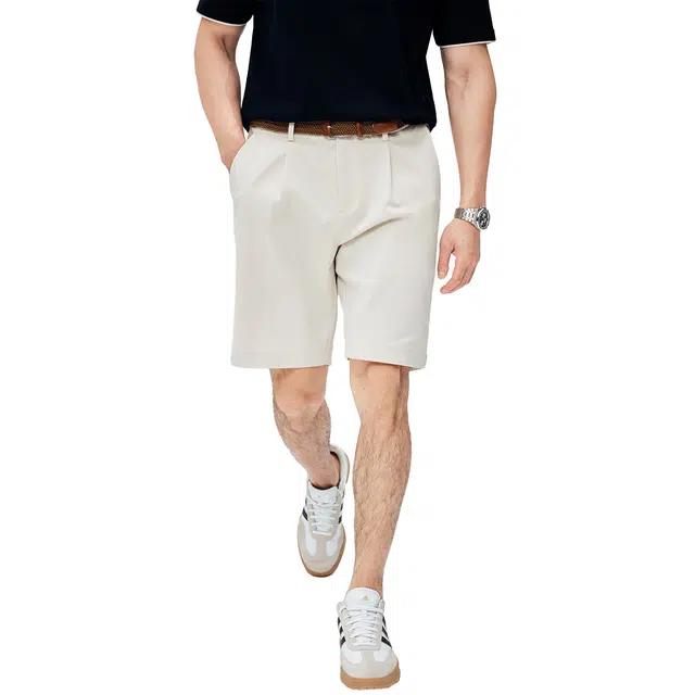 丹宁哲学 直筒单褶时尚百搭纯色五分休闲短裤 男款