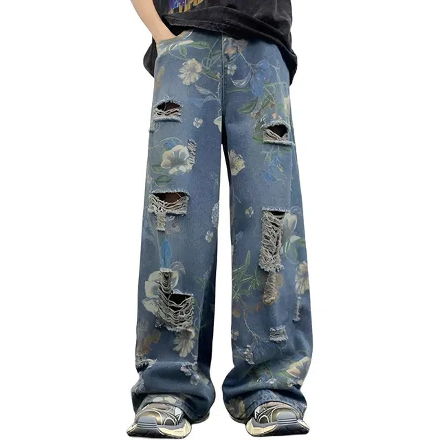 沐诚阳译 春秋薄款破洞牛仔裤男直筒休闲潮牌青少年复古水洗痞帅中国风裤子休闲裤 男款