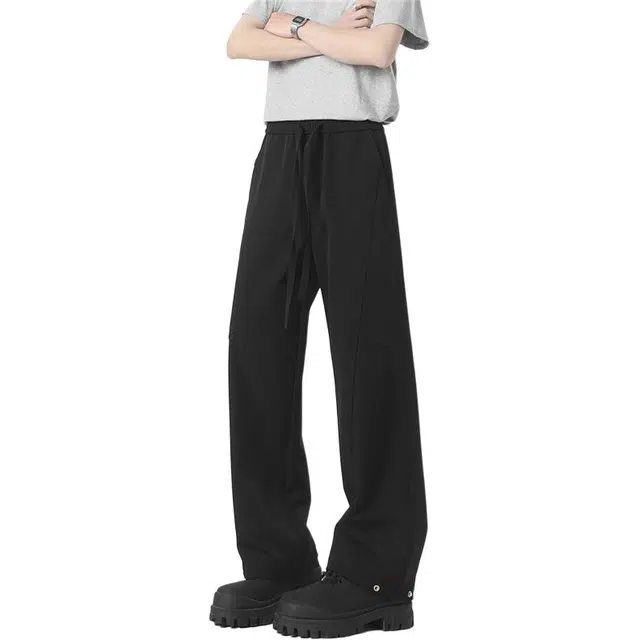 颂希尔 美式拼接设计感弯刀裤薄款纯色凉感冰丝裤垂感直筒阔腿拖地休闲裤 男女同款