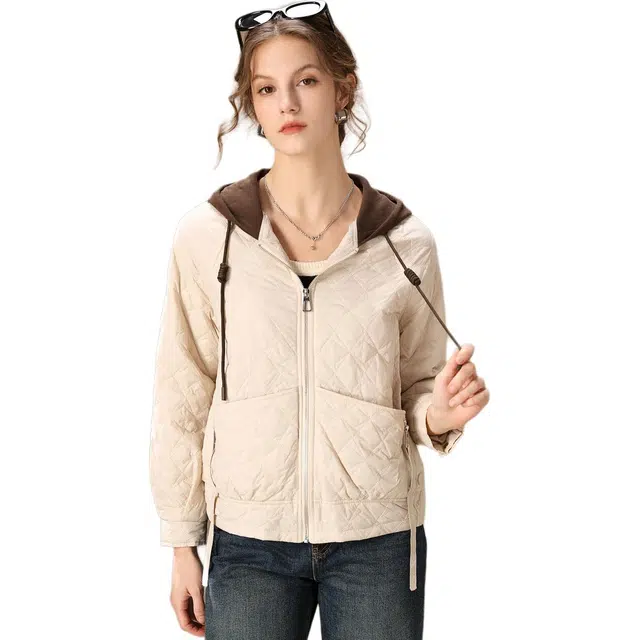 粉红玛琍 拼色连帽合身棉服 女款 米白