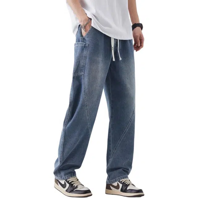 宝米卡 美式高街宽松立体拼接工装弯刀阔腿潮流牛仔裤 男女同款