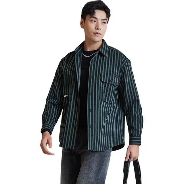 古鲨 宽松条纹翻领舒适百搭休闲薄款长袖衬衫 男款