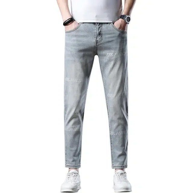 吉肯蒂 轻奢薄款印花九分欧版修身牛仔裤 男款