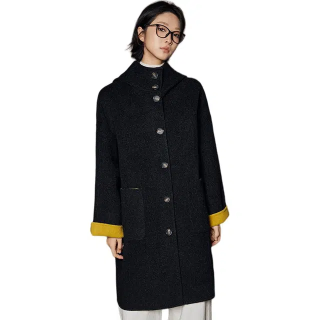 美洋 撞色常规长袖通勤连帽大衣 女款