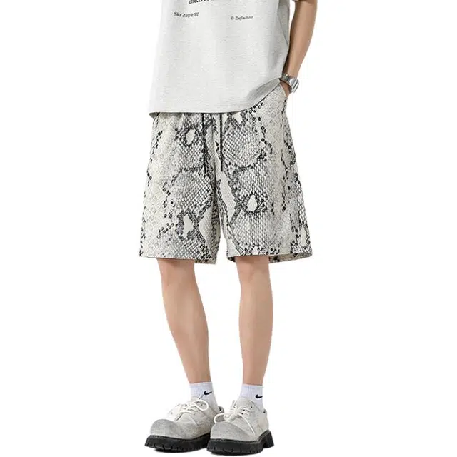 沃马 五分裤美式宽松蟒蛇纹速干潮流跑步运动休闲短裤 男女同款