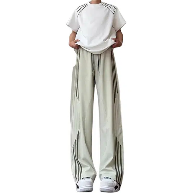 单爵 三条杠条纹冰丝裤子薄款垂感直筒阔腿裤美式夏季休闲裤 男女同款