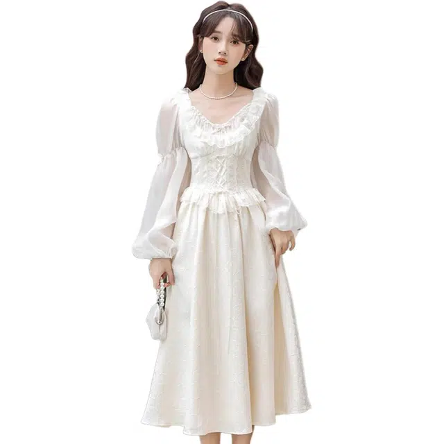 水中花 法式复古宫廷气质重工鱼骨小众高级感收腰长裙长袖连衣裙 女款