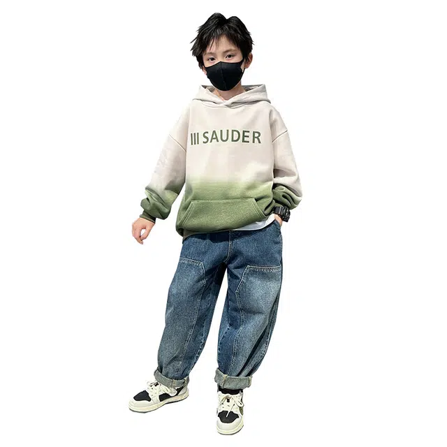 憨憨象 舒适连帽字母渐变上衣透气裤子休闲运动套装青少年