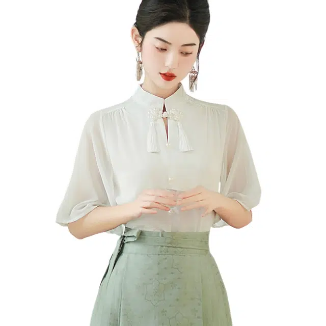 丝絮丝绸 宽松立领舒适百搭短袖衬衫 女款