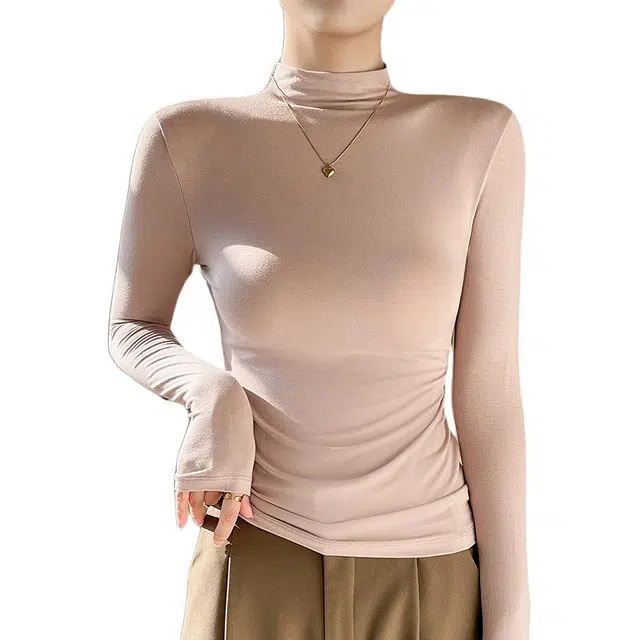 黑恐龙 纯色半高领打底衫气质薄款长袖针织衫 女款 皮粉色