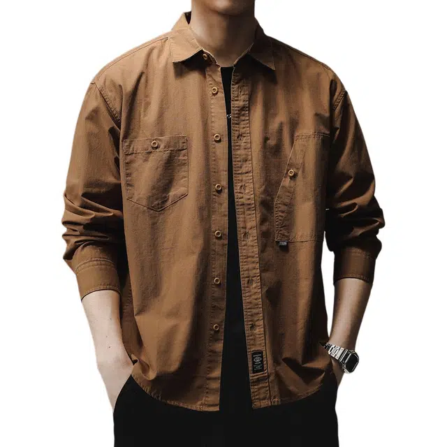 贵色 春季 痞帅水洗海岛休闲大码衬衣外套美式复古潮牌纯棉纯色设计感工装长袖衬衫 男女同款