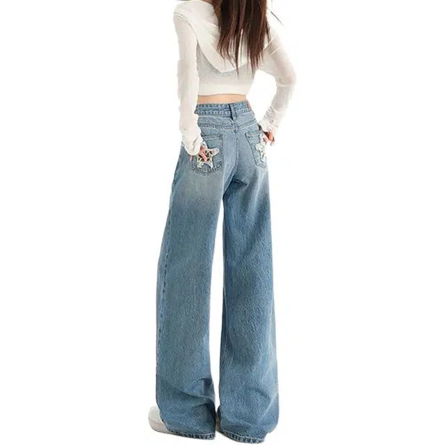 如续 水洗磨白豹纹星设计感低腰宽松直筒显瘦拖地女牛仔裤女 女款