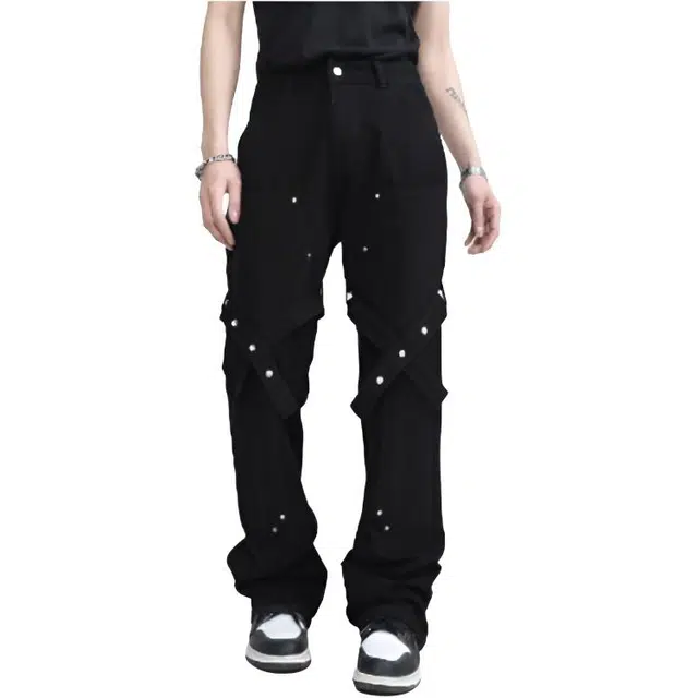 沐诚阳译 工装绑带美式牛仔裤高腰直筒裤欧美式高街裤子休闲裤 男款