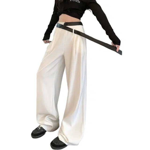 敲模女孩 美式辣妹设计感不规则腰头直筒百搭纯色阔腿垂感休闲裤 女款