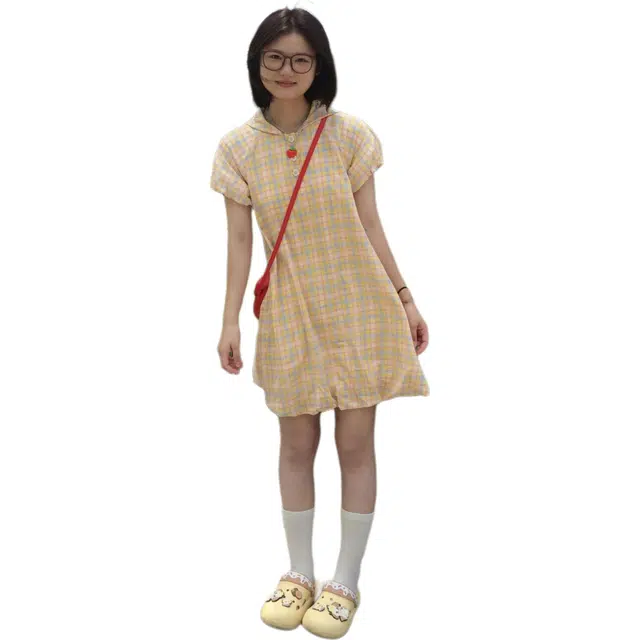 哒头下雨不愁 复古学院风花苞裙小个子甜美减龄宽松显瘦短款短袖连衣裙 女款